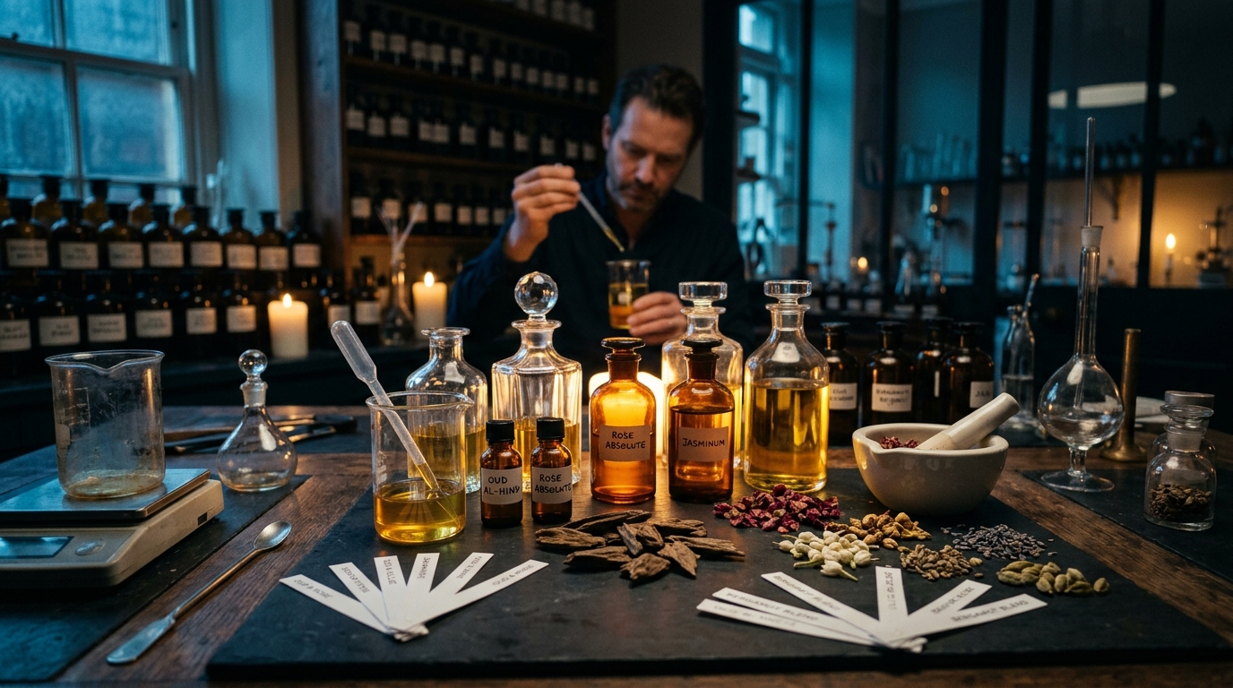 Master perfumer formulating fragrance blends at Scentence Lab bench